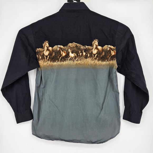 Bit & Bridle Shirt Mens Large Black Gray Western Horses Button Down Long Sleeve - Picture 3 of 9